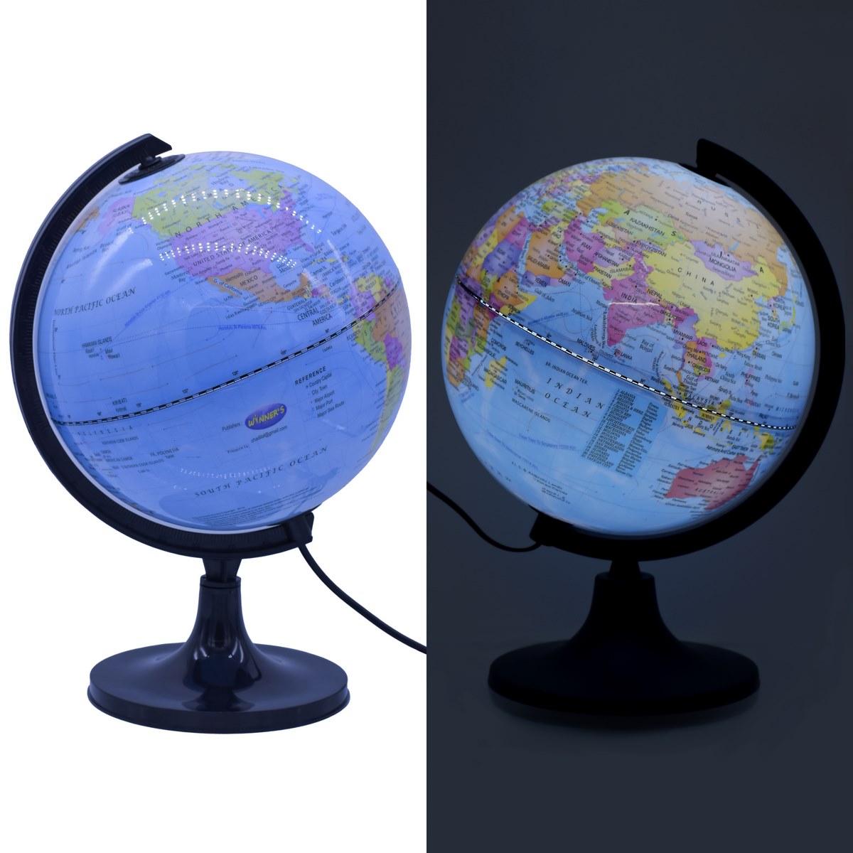 Illuminated Blue World Globe with Black Stand – 8 Inch