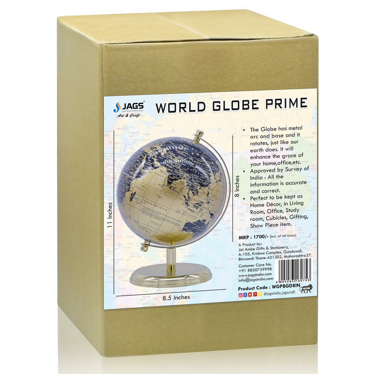 Luxury Gold & Navy Decorative World Globe – 8 Inch