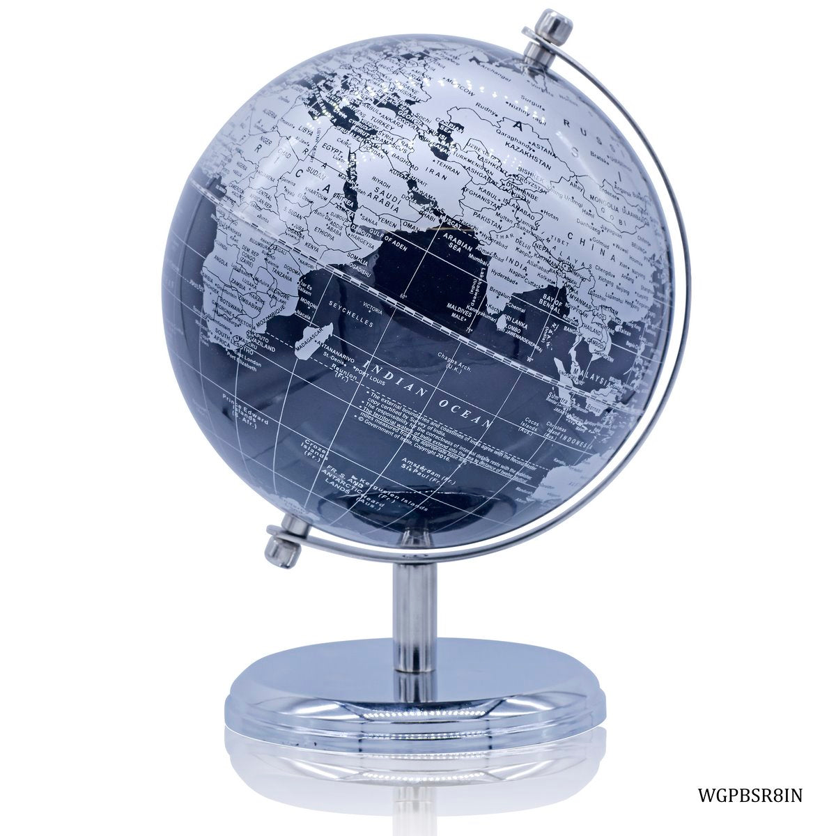 Premium Silver & Black Decorative World Globe – 8 Inch