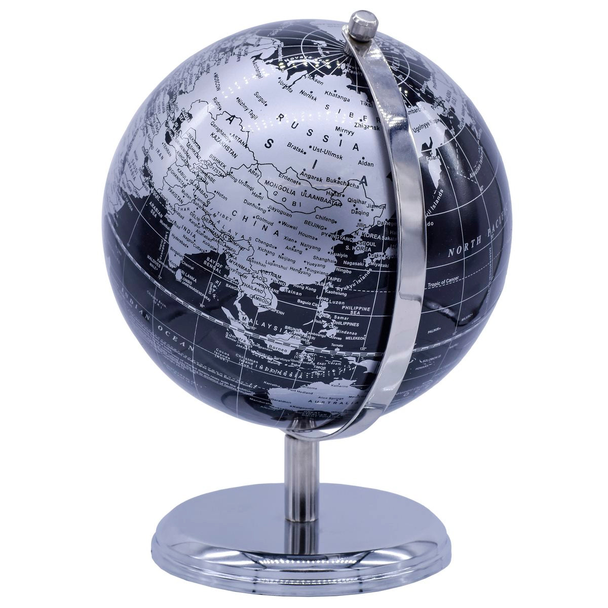 Premium Silver & Black Decorative World Globe – 8 Inch