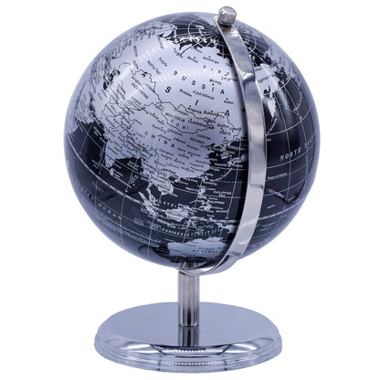 Premium Silver & Black Decorative World Globe – 8 Inch