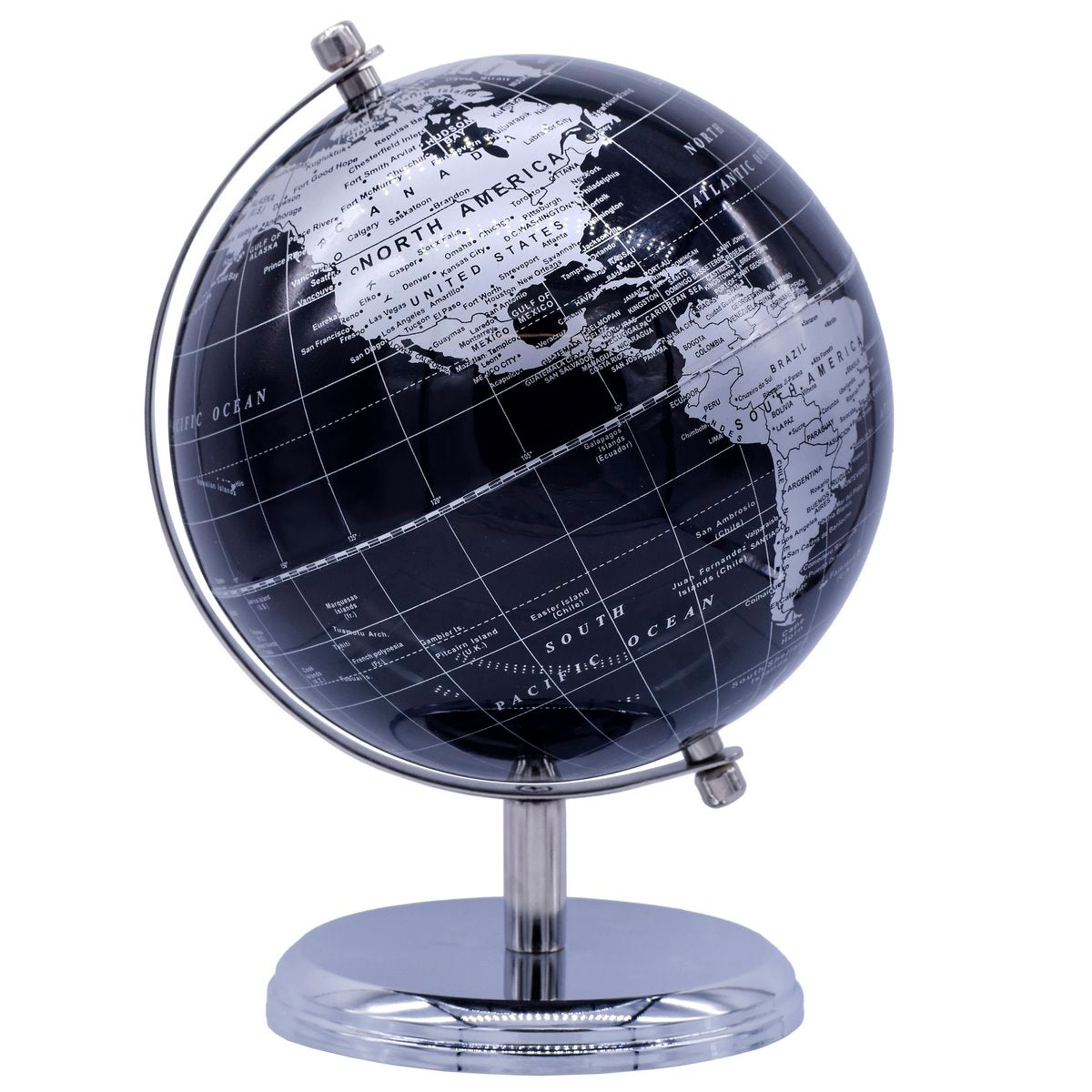 Premium Silver & Black Decorative World Globe – 8 Inch