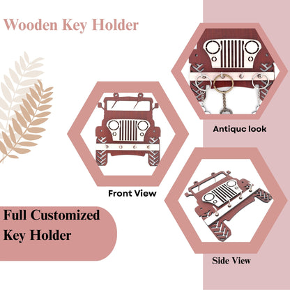 Jeep Design Wooden Key Holder – 4 Hook Wall Hanging Organizer