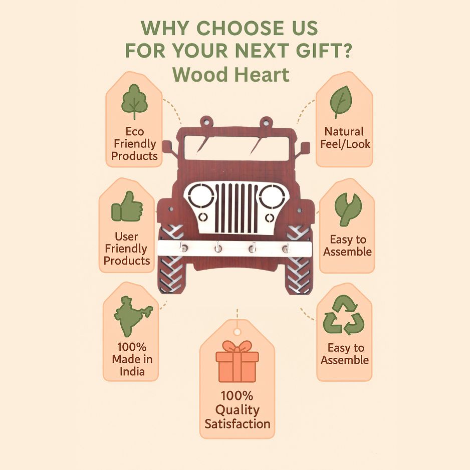 Jeep Design Wooden Key Holder – 4 Hook Wall Hanging Organizer