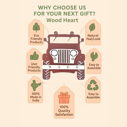 Jeep Design Wooden Key Holder – 4 Hook Wall Hanging Organizer