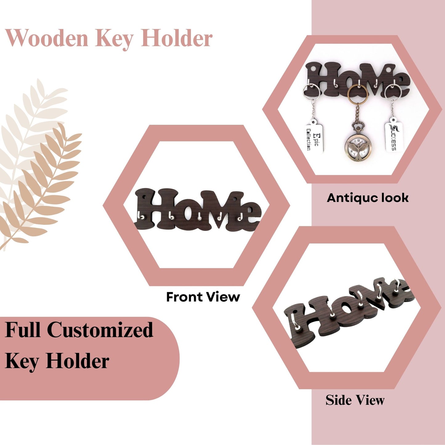 “HOME” Wall-Mounted Wooden Key Holder – 5 Hook Organizer