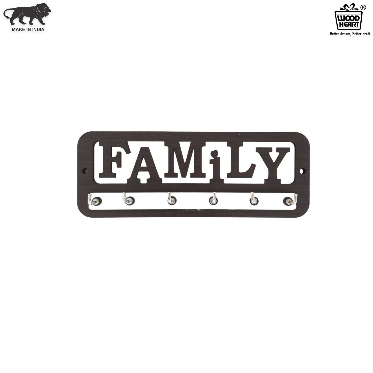 Wooden FAMILY Key Holder for Wall – 6 Hook Organizer by Wood Heart