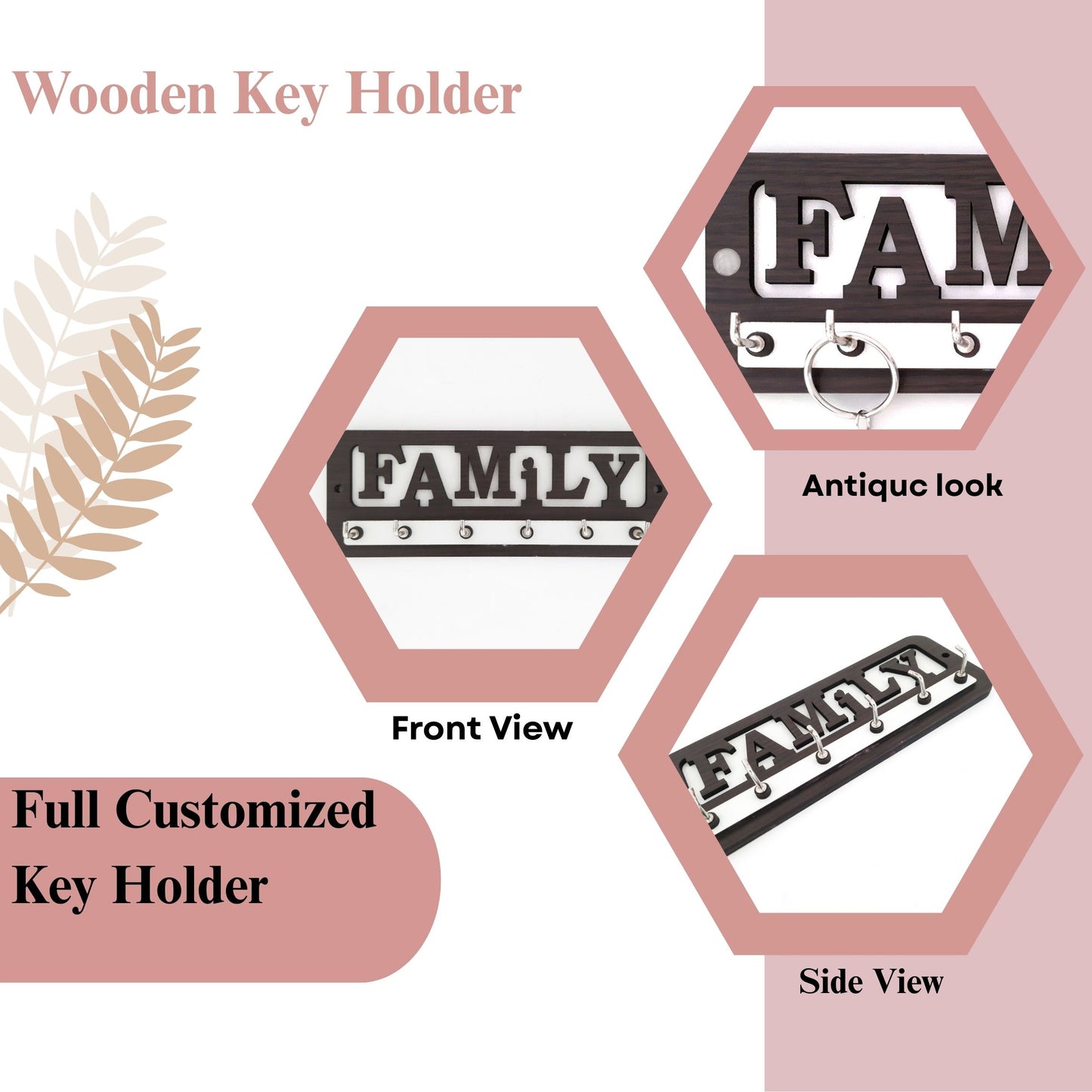Wooden FAMILY Key Holder for Wall – 6 Hook Organizer by Wood Heart
