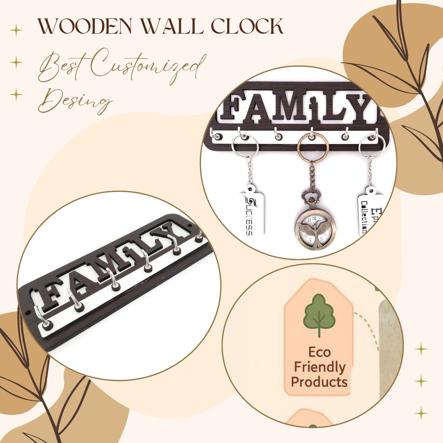 Wooden FAMILY Key Holder for Wall – 6 Hook Organizer by Wood Heart