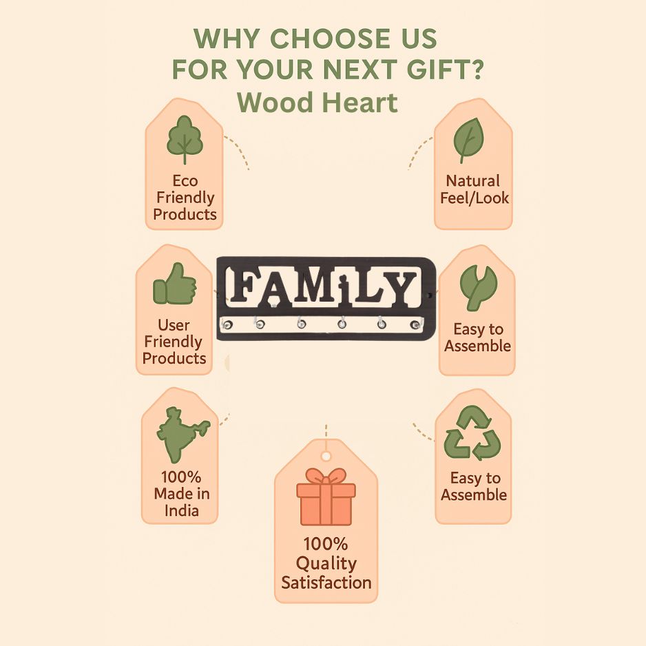 Wooden FAMILY Key Holder for Wall – 6 Hook Organizer by Wood Heart