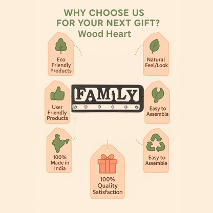 Wooden FAMILY Key Holder for Wall – 6 Hook Organizer by Wood Heart