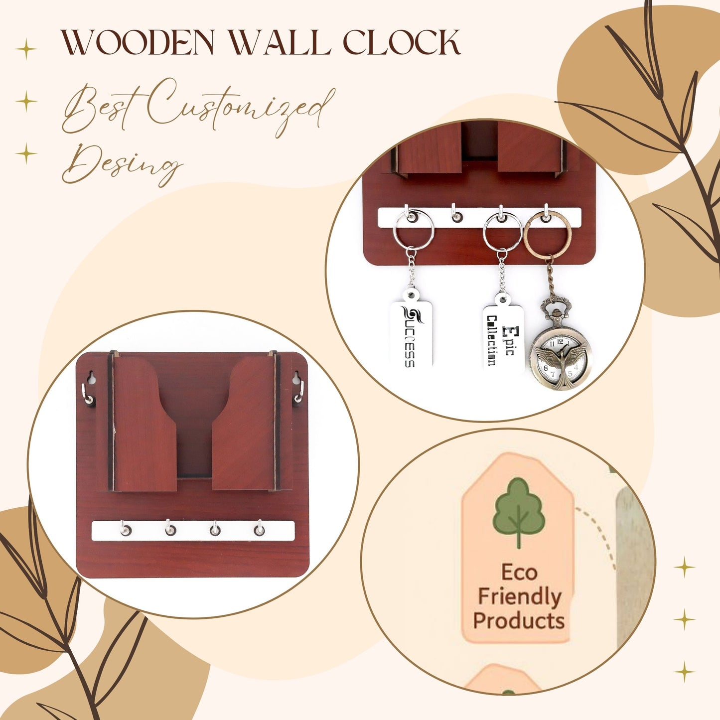 Multipurpose Wooden Key Holder with Letter & Mobile Organizer