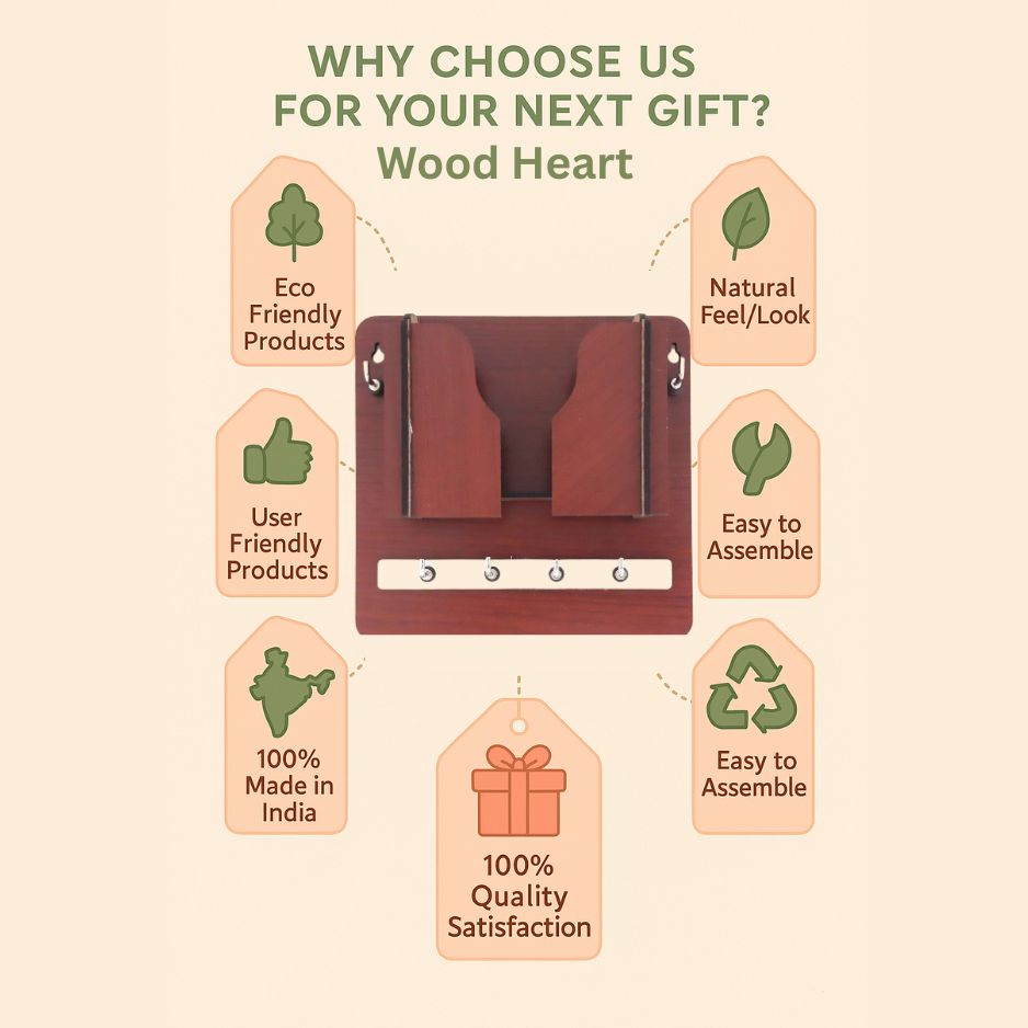 Multipurpose Wooden Key Holder with Letter & Mobile Organizer