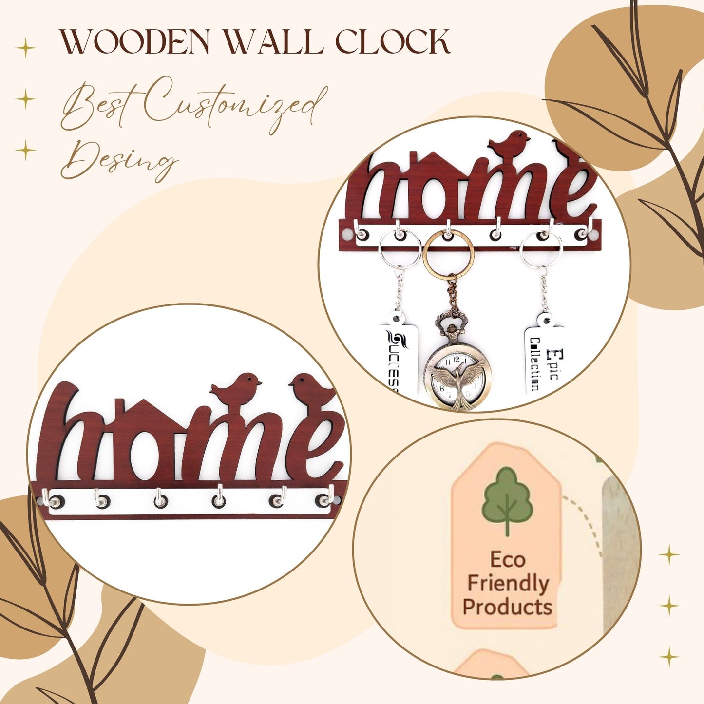 Wooden HOME Key Holder with Bird Design