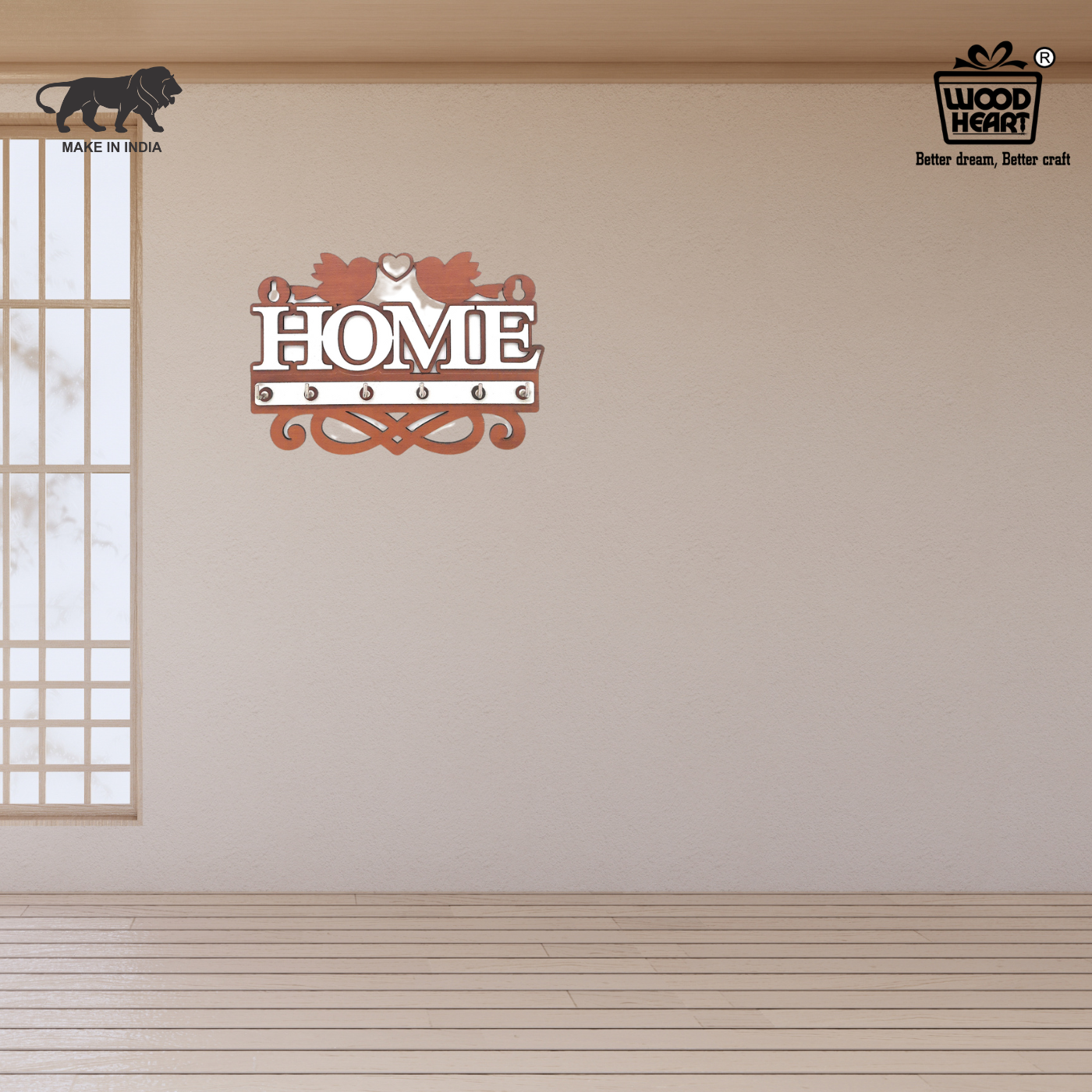 Decorative Wooden HOME Key Holder with Birds & Heart Design