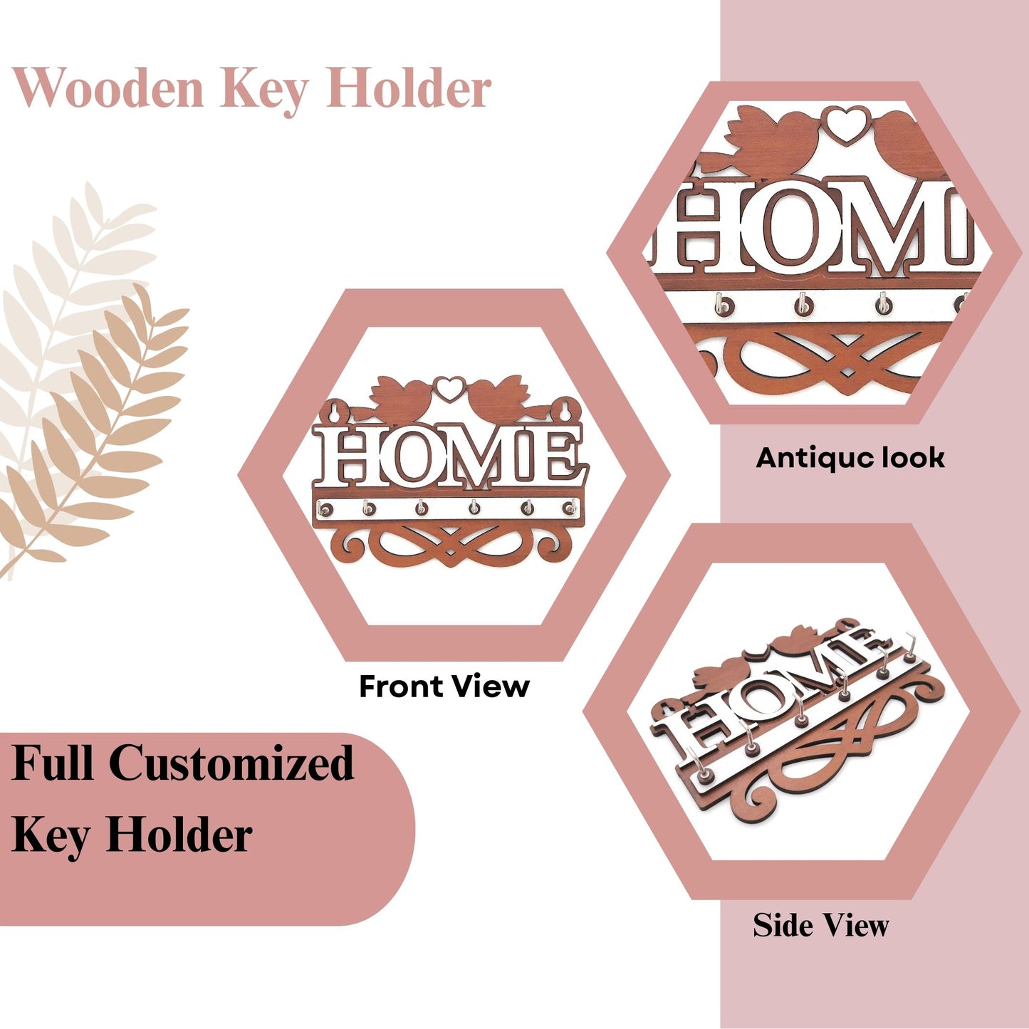 Decorative Wooden HOME Key Holder with Birds & Heart Design