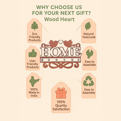 Decorative Wooden HOME Key Holder with Birds & Heart Design