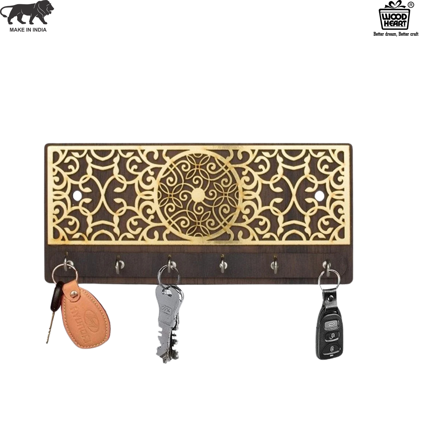 Wooden Key Holder with Golden Peacock Mandala Design