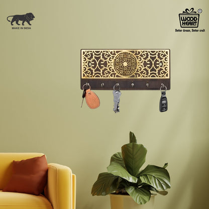 Wooden Key Holder with Golden Peacock Mandala Design