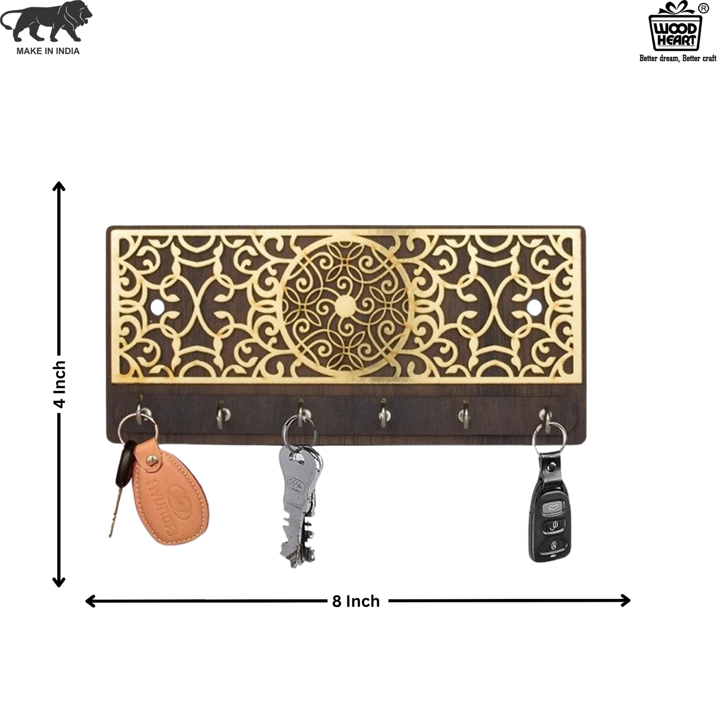 Wooden Key Holder with Golden Peacock Mandala Design