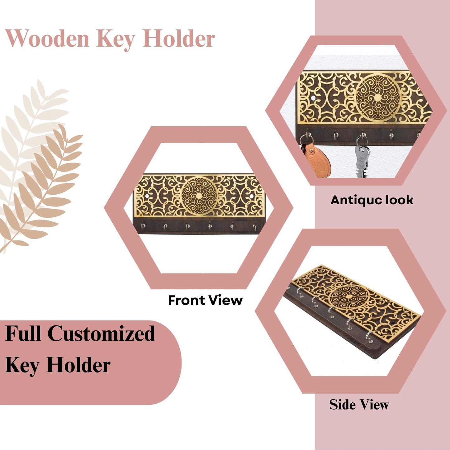 Wooden Key Holder with Golden Peacock Mandala Design