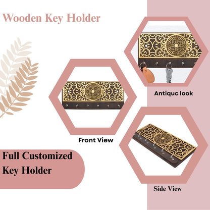 Wooden Key Holder with Golden Peacock Mandala Design