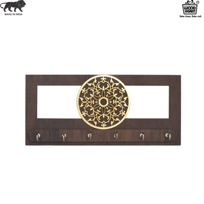 Elegant Wooden Key Holder with Golden Floral Mandala