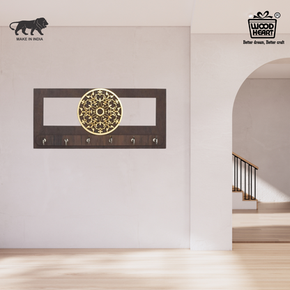 Elegant Wooden Key Holder with Golden Floral Mandala