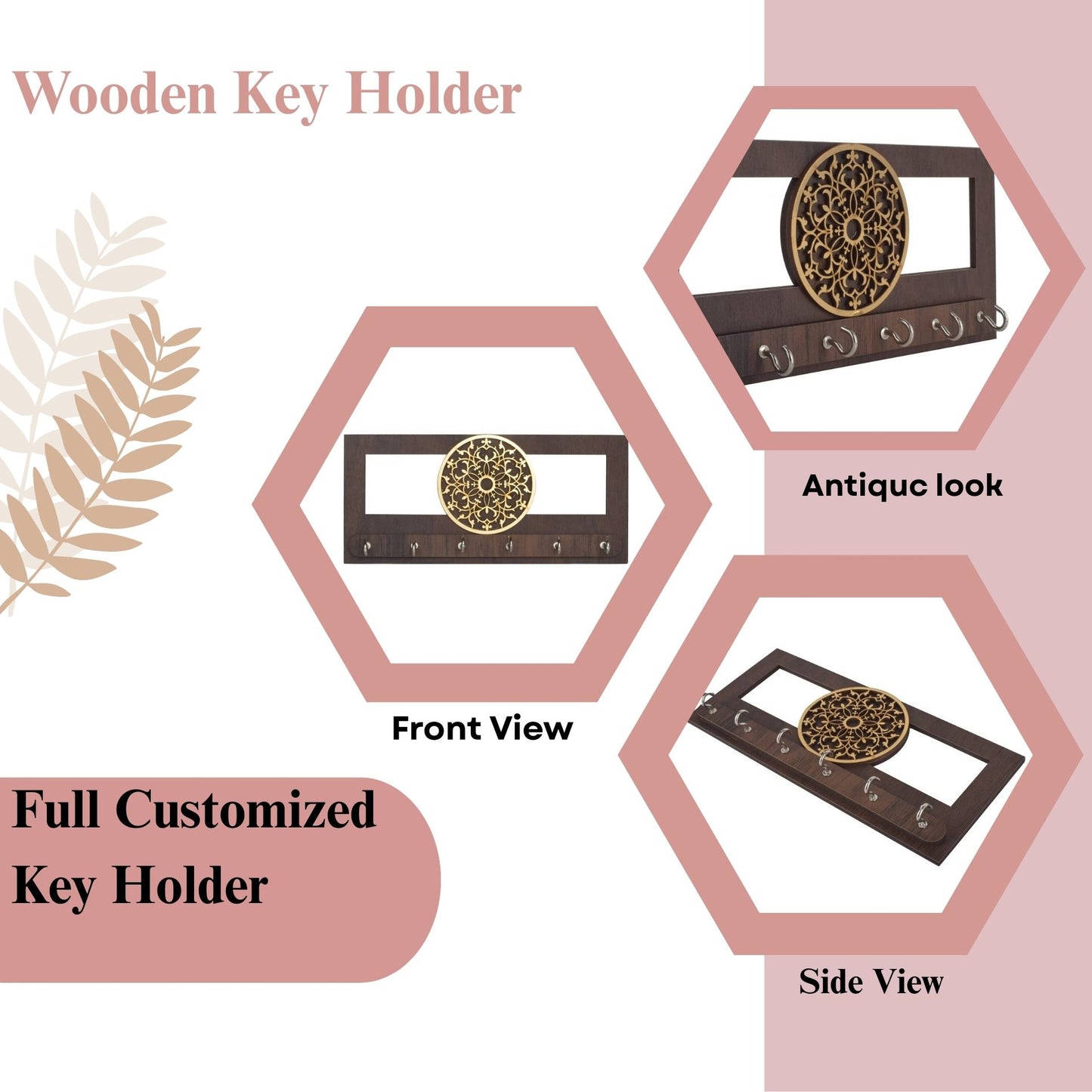 Elegant Wooden Key Holder with Golden Floral Mandala