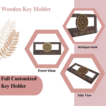 Elegant Wooden Key Holder with Golden Floral Mandala