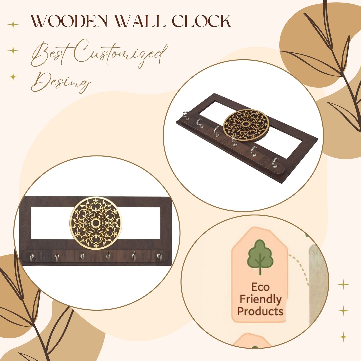 Elegant Wooden Key Holder with Golden Floral Mandala