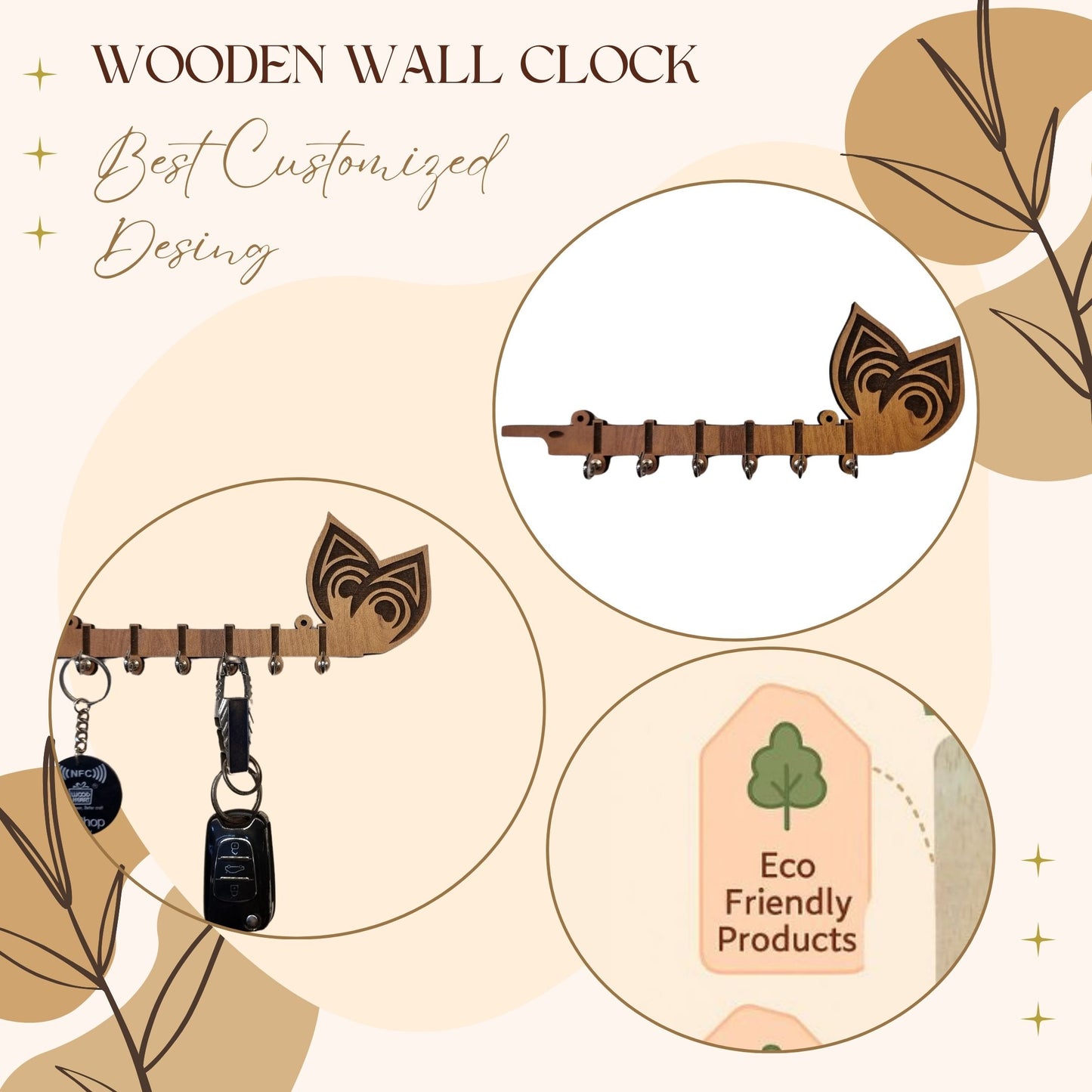 Wooden Owl-Themed Key Holder – 7 Hooks