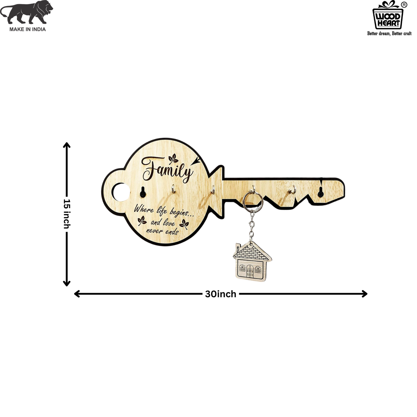 "Family" Quote Wooden Key Holder – Key-Shaped Wall Organizer with 5 Hooks