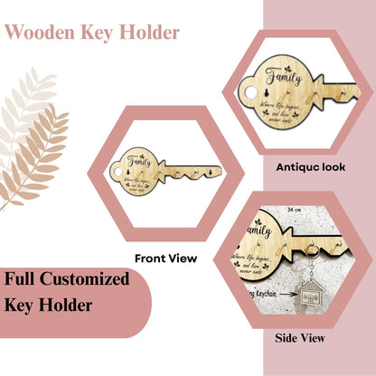 "Family" Quote Wooden Key Holder – Key-Shaped Wall Organizer with 5 Hooks