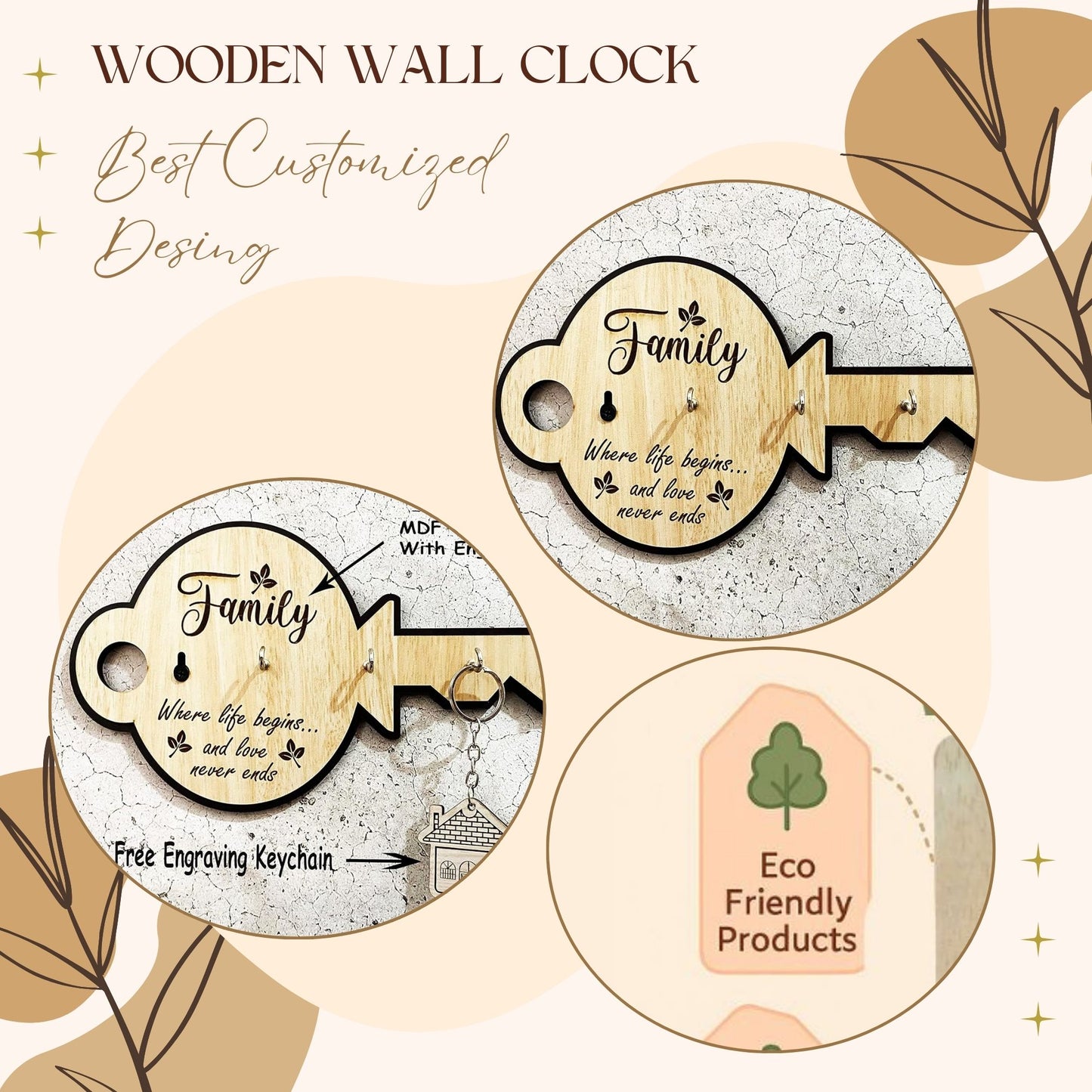 "Family" Quote Wooden Key Holder – Key-Shaped Wall Organizer with 5 Hooks