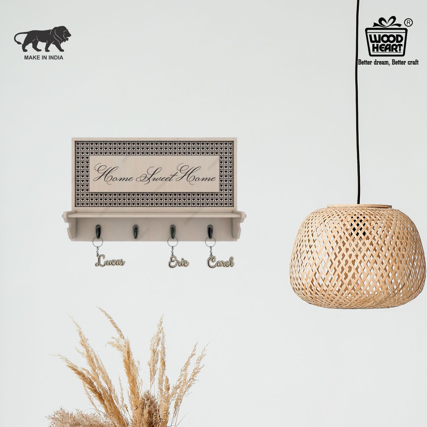 Home Sweet Home Designer Key Holder with Shelf – Beige Finish