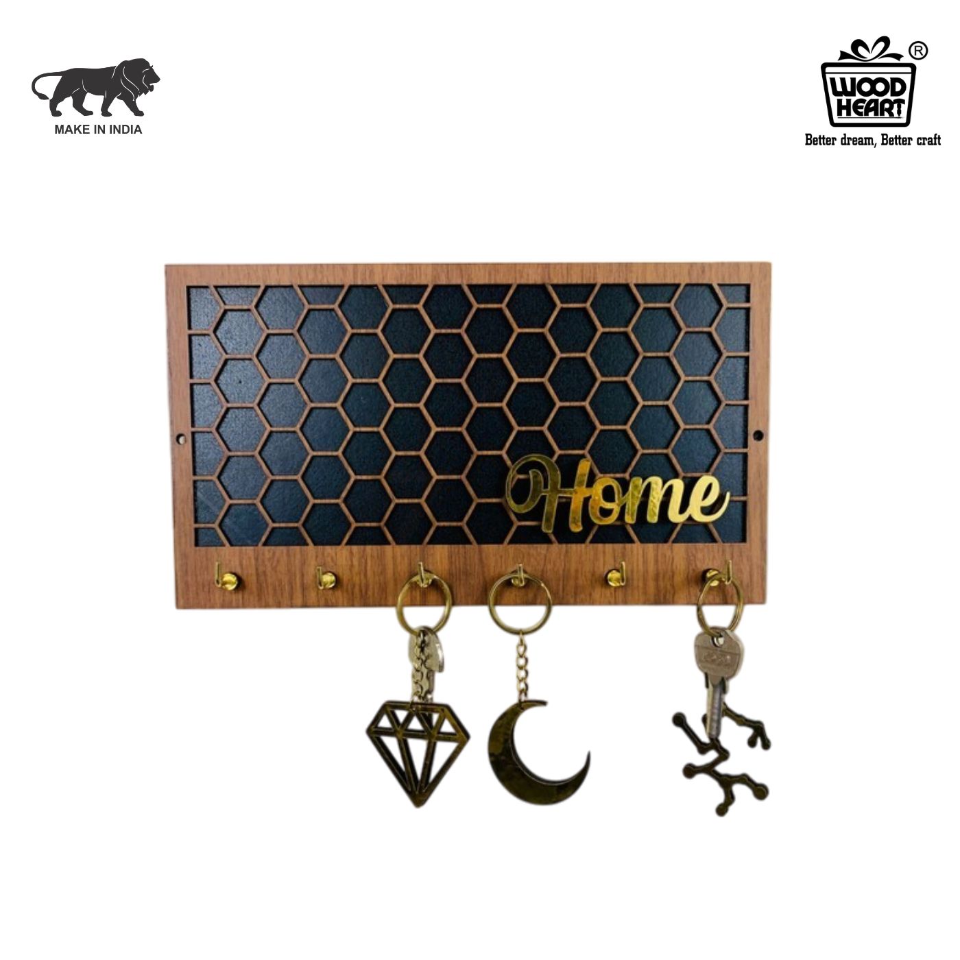 Wooden Honeycomb “Home” Key Holder – Black & Brown with Gold Hooks