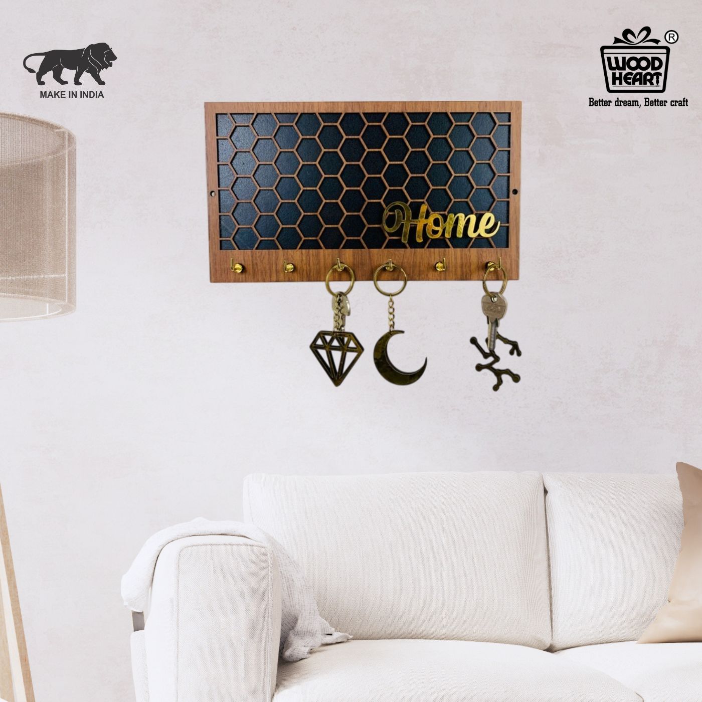 Wooden Honeycomb “Home” Key Holder – Black & Brown with Gold Hooks