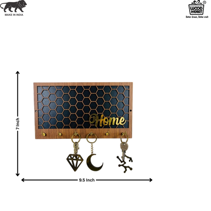 Wooden Honeycomb “Home” Key Holder – Black & Brown with Gold Hooks