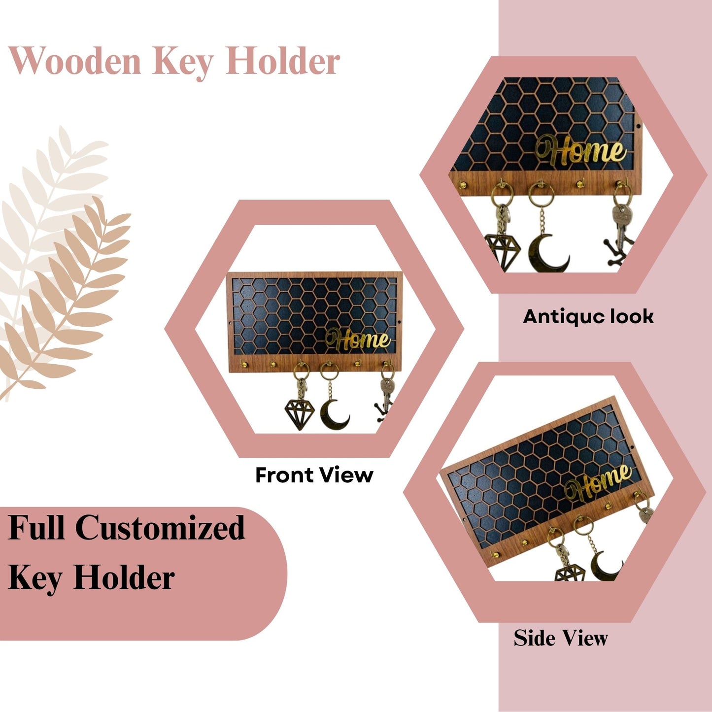 Wooden Honeycomb “Home” Key Holder – Black & Brown with Gold Hooks