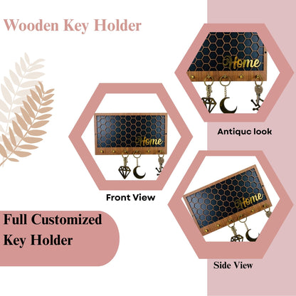 Wooden Honeycomb “Home” Key Holder – Black & Brown with Gold Hooks