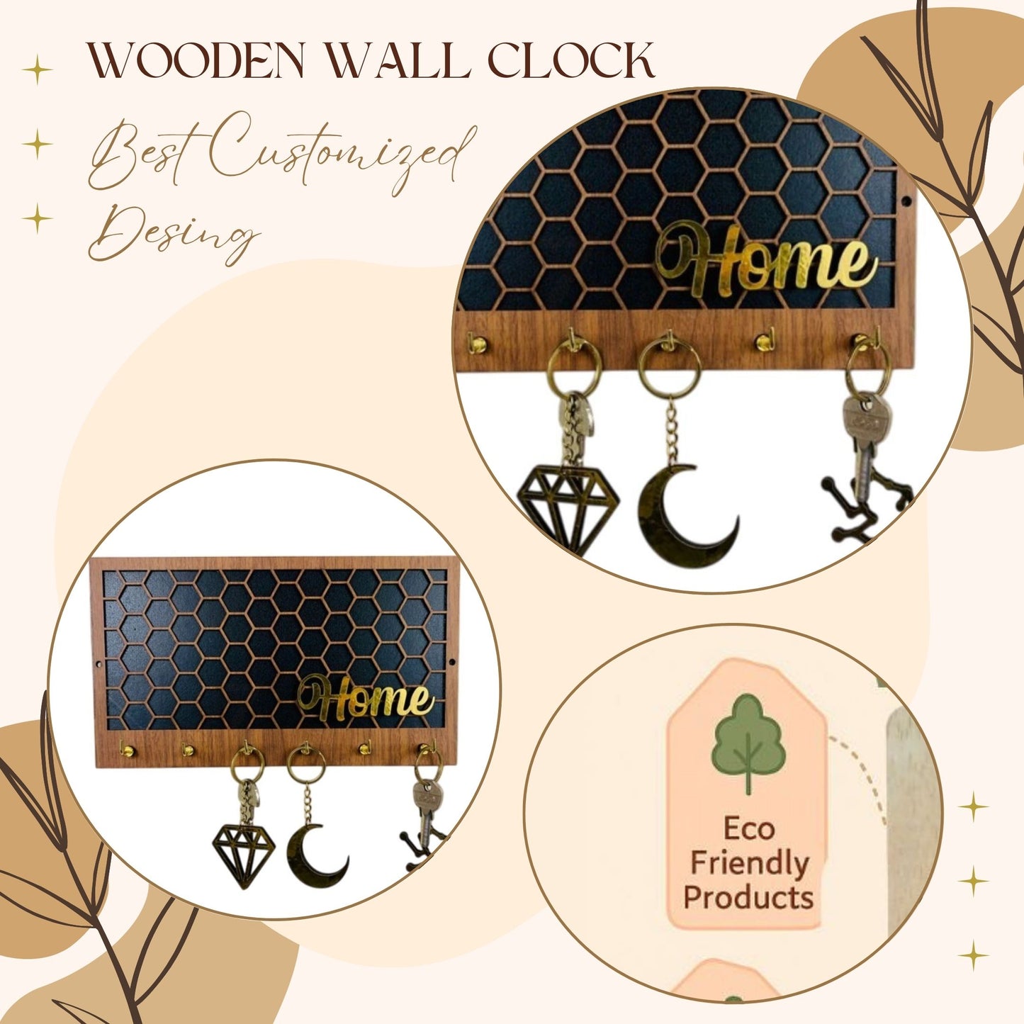 Wooden Honeycomb “Home” Key Holder – Black & Brown with Gold Hooks