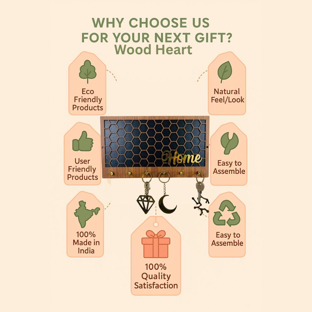 Wooden Honeycomb “Home” Key Holder – Black & Brown with Gold Hooks