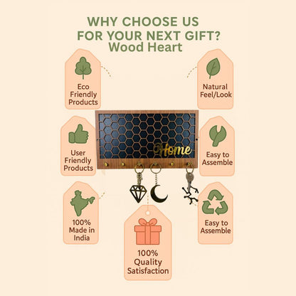 Wooden Honeycomb “Home” Key Holder – Black & Brown with Gold Hooks