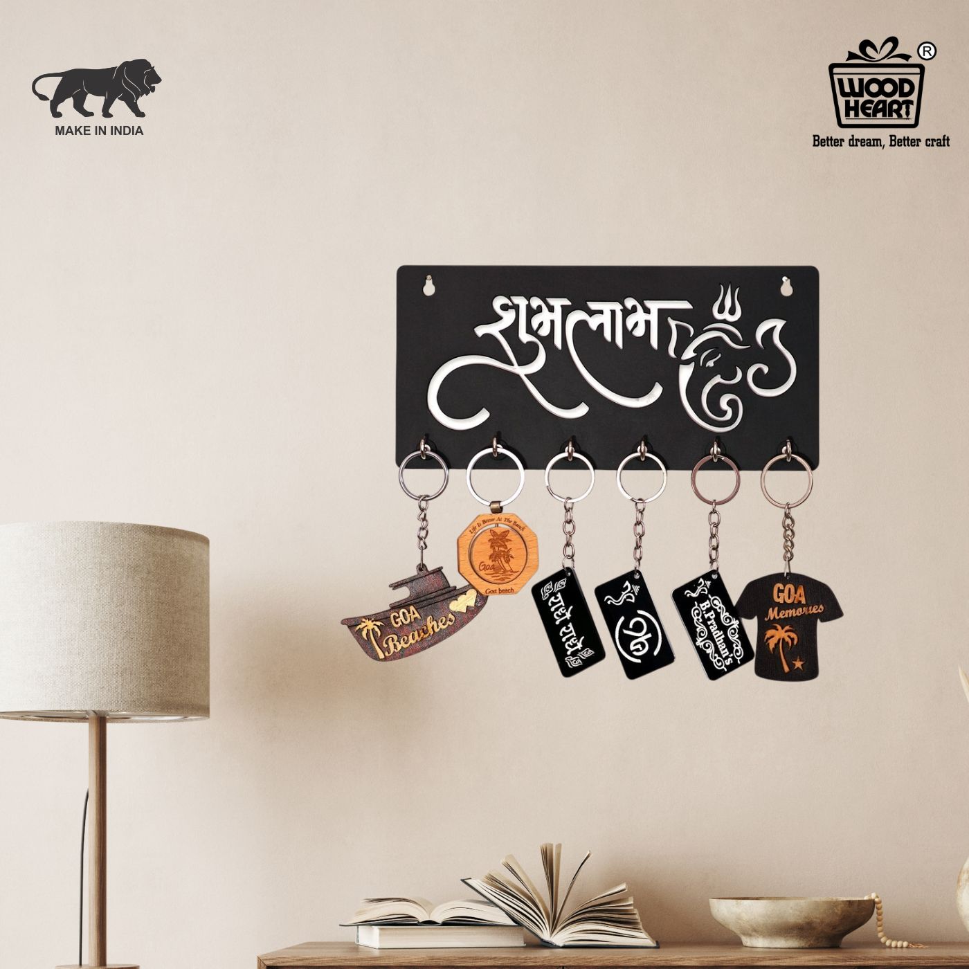 Wooden “Shubh Labh” Ganesha Key Holder – Wall Mount Organizer
