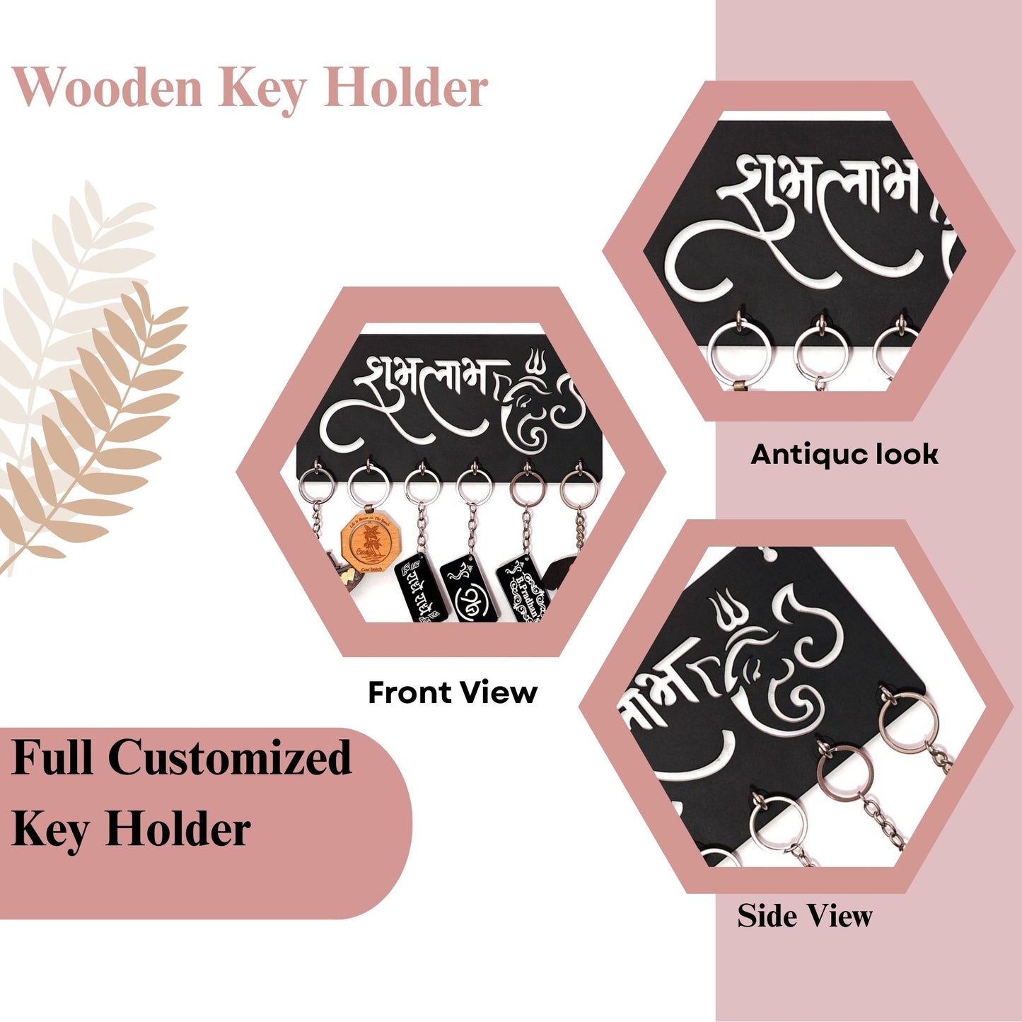 Wooden “Shubh Labh” Ganesha Key Holder – Wall Mount Organizer