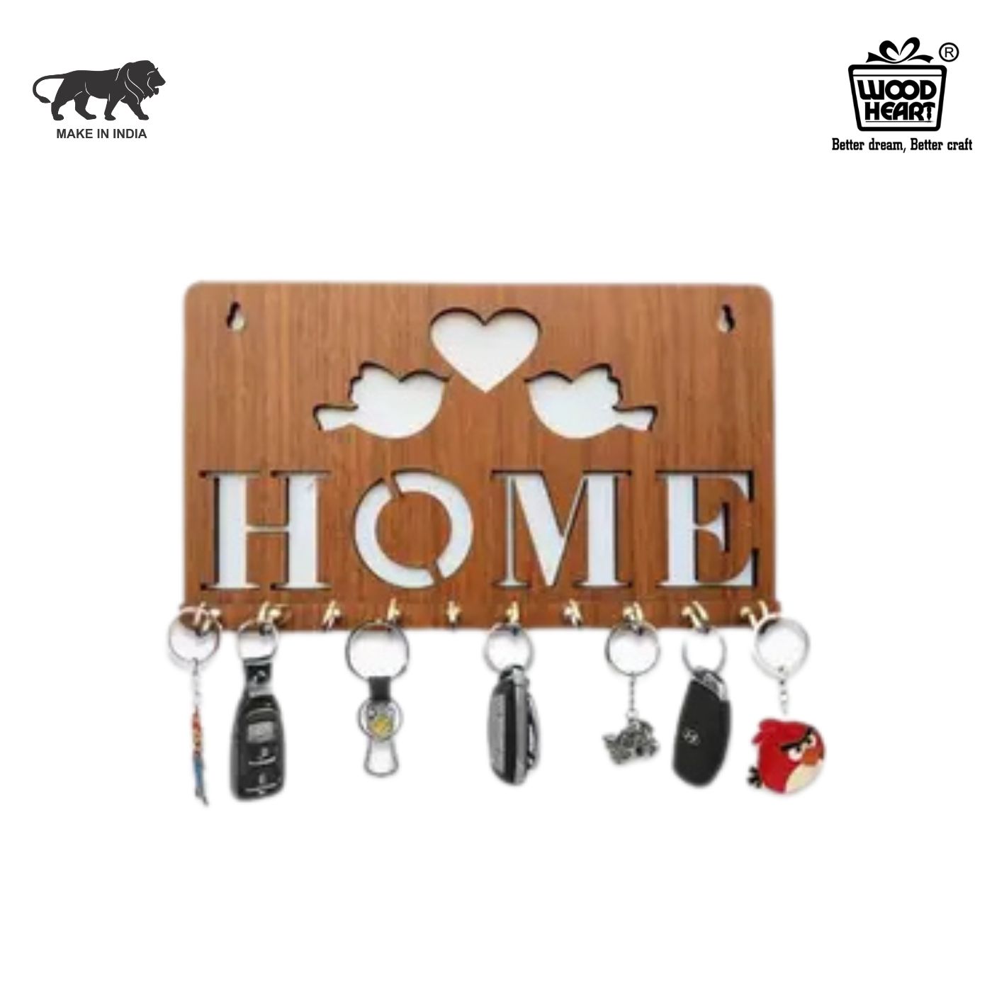 Wooden “HOME” Love Birds Key Holder – Wall Mounted Organizer