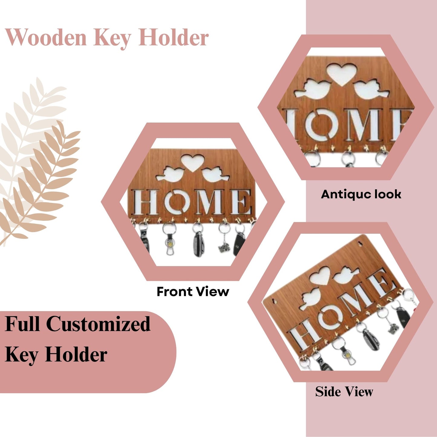 Wooden “HOME” Love Birds Key Holder – Wall Mounted Organizer