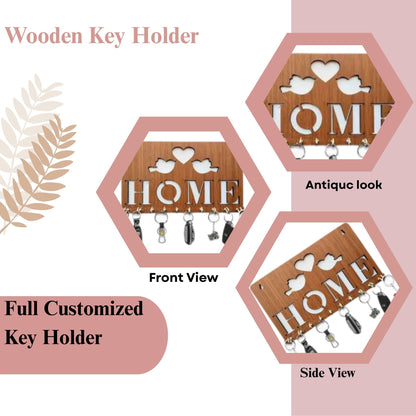 Wooden “HOME” Love Birds Key Holder – Wall Mounted Organizer