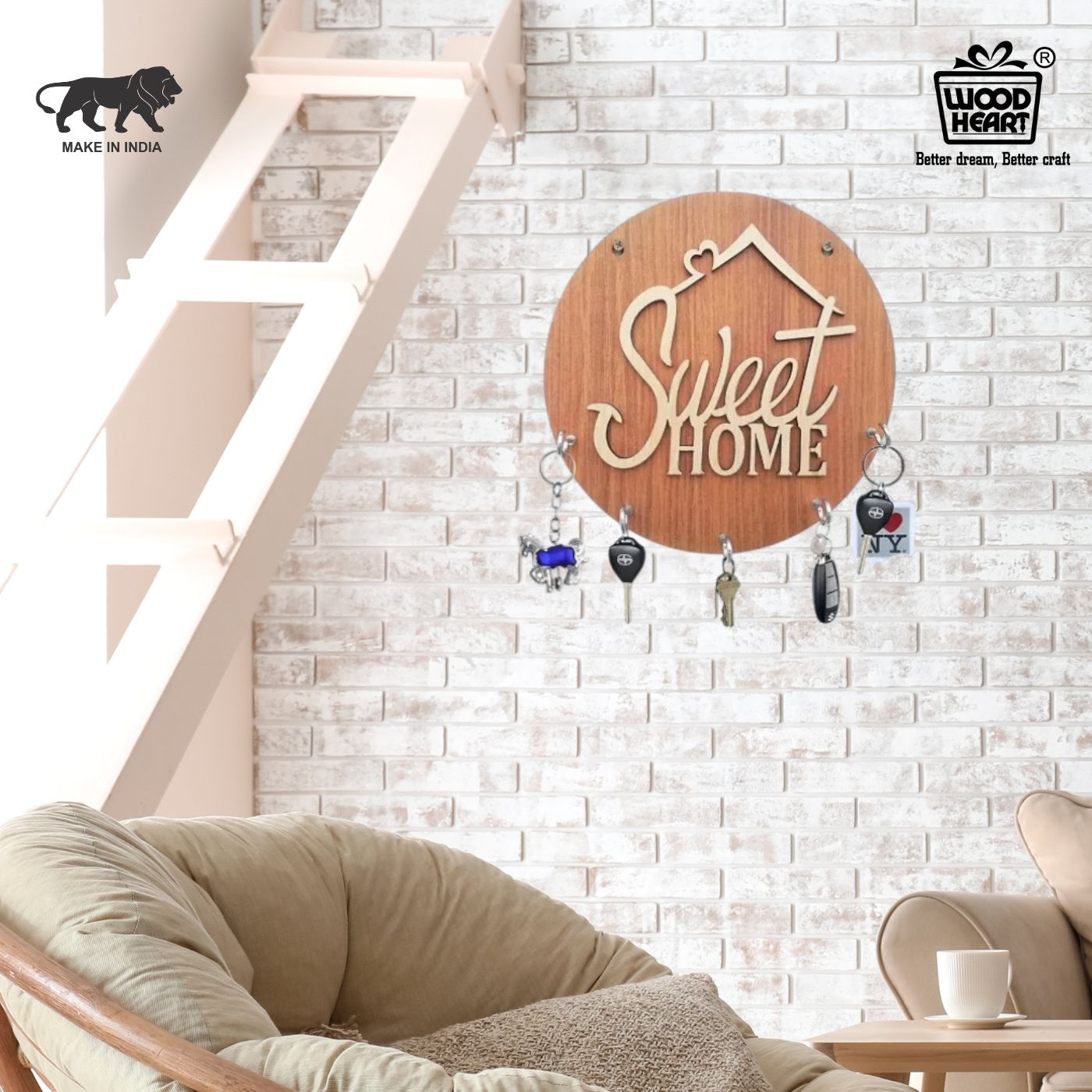 Wooden “Sweet Home” Round Key Holder – Wall Hanging Organizer